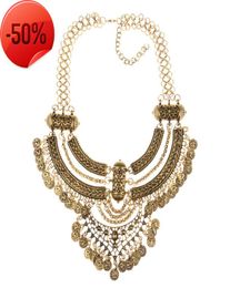 Boho Big Choker Necklace Women Inlaid Carving Jewellery Vintage Necklaces Metal Chain Coin Pendant Statement Necklaces18336181