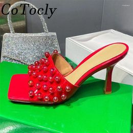 Slippers High Heels Women Square Peep Toe Mules Genuine Leather Slides Lady String Bead Summer Shoes Stiletto Woman