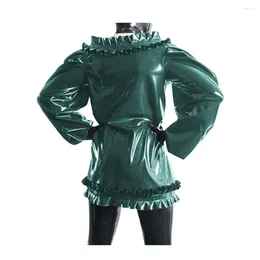 Casual Dresses Sexy Loose Dress With Frills Puff Long Sleeves PVC Leather Gloosy Latex Look Pullover Top Lingerie Female Nightgown
