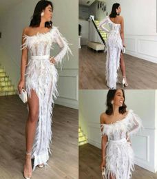 2019 White Sexy Evening Dresses High Side Split Lace Feather One Shoulder Mermaid Prom Dress Floor Length Long Cocktail Party Gown8345285