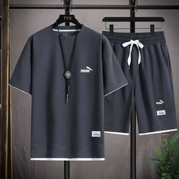 Summer Mens Tracksuit Linen Fabric Tshirt and Shorts Two Piece Set Men Sports Suit Fashion Breathable 240430
