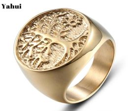 European And American Fashion Golden Tree Of Life Titanium Steel Ring Personality Men Women Punk Love Engagement Jewelr Band Rings8426091