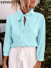 Women's Blouses VONDA Women Shirts 2024 Summer Tops Elegant 3/4 Sleeve Fashion Office Blouse Bow Tie Neck Casual Solid Color Tunic Blusas