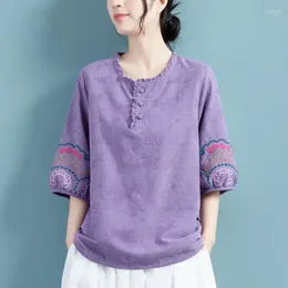 Women's Blouses Summer Round Neck Fashion Half Sleeve Shirt Women Chinese Style Edible Tree Pullovers Button Embroidered Vintage Tops