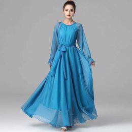 Ethnic Clothing Silky Shr Holiday Travel Party Dress Abaya Women Kaftan Vestidos Elegant Chiffon Long Slve Muslim Arab Islamic Clothing Robe T240510