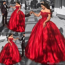 Newest Modest Red Ball Gown Quinceanera Dresses Off-Shoulder Lace Appliques Sequins Sweetheart Evening Gowns Prom Dresses sweet 16 dres 1950