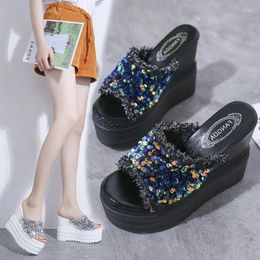 Slippers Summer Rhinestone Wedges Heel Women Platform Peep Toe Height Increasing Slides 2024 Sexy Ladies Shoes Zapatos De Mujer