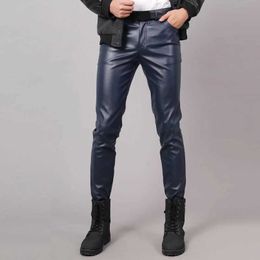 Men's Pants Spring and Autumn Mens Leather Pants Tight Fit Elastic Fashion PU Leather Pants Punk Role Playing Dance PantsL2405