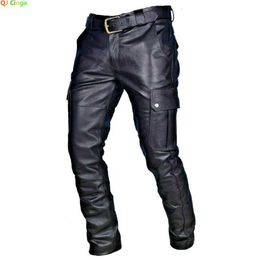 Men's Pants Fashionable mens leather motorcycle pants with cargo pockets black PU pants without straps mens Trousers large-sized S-XL 2XL 3XL 4XL 5XLL2405