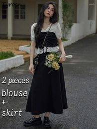 Work Dresses Blouses Sets Women 2pcs Bandage Design Sweet Retro Simple Elegant Skirts Folds Korean Style Cropped Summer Ladies