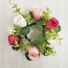 Decorative Flowers Fake Rose Garland Candle Ring Wreath Elegant Artificial Set With Colourful Green Leaves For Home