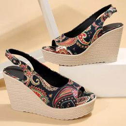 Casual Shoes Ladies Summer Beach Boho Floral Wedge Sandals Women Ankle Strap Platform Gladiator Woman High Heels Sandalias Mujer