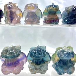 Decorative Figurines Natural Fluorite Hand Carved Cartoon Dragon Crystals And Stones Healing Polished Mineral Ornaments Home Decoration 1pcs
