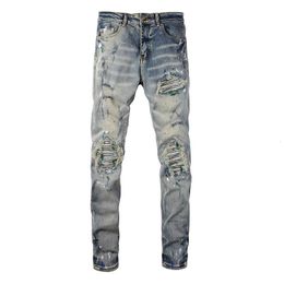 Mens spray painted elastic denim bicycle jeans street clothing crack patches work holes tears tight pants tapered Trousers 240508