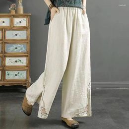 Women's Pants Retro Tribal Embroidery Cotton Linen Summer Elasticized High-waisted Loose Solid Color Pockets Casual Wide Leg