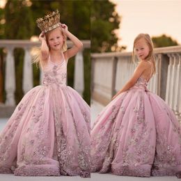 2019 Dusty Pink Lace Appliqued Ball Gown Flower Girl Dresses Vintgae Pearl Beaded Spaghetti Fiormal Girl Party Birthday Communication G 328f