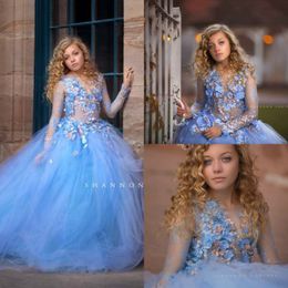 Blue Princess Flowers Girls Dresses For Wedding Long Sleeve Appliques Beads Ball Gown Kids Pageant Gowns First Holy Communion Dress 267n