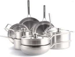 Cookware Sets Merten & Storck Tri-Ply Stainless Steel 14 Piece Pots Pans Set Professional Cooking Multi Clad Measurement Markings