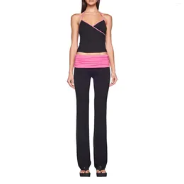 Women's Two Piece Pants Womens Sexy Outfits Tank Crop Tops Fold Over Flare Yoga 2 Pc Sets