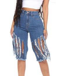 Women's Jeans Fashion Fringes Ripped Denim Knee Length Women High Waist Washed Stretch Shorts Women's Trend Streetwear Ladies Pants