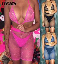 2019 New Sexy Women Rhinestone Bikini Set Mesh Halter BraFishnet High Waist Shorts Beachwear Babydoll Sleepwear Underwear8018203