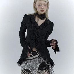 Women's Blouses 2024 Gothic Black Lace Shirt Dark Aesthetic Irregular Yamamoto Style Grunge Flare Sleeve V-neck Vintage Y2k Emo