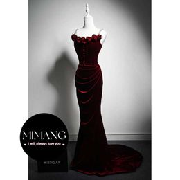 Spaghetti Evening Dress Party Dress Shiny Diamond Rose Wine Red Velvet Texture Bridal Mermaid Fit Dress