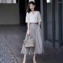 Work Dresses Women Dress Sets Solid Color Short-sleeved Casual Shirt Korean Grey Elegant Office Lady Skirt Two Piece Female Outifits