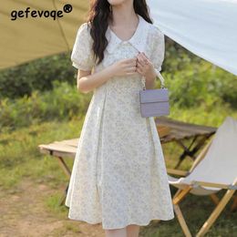 Basic Casual Dresses Korean style sweet lace floral womens summer 2022 French elegant puff sleeves womens Kawaii A-Line dressL2405