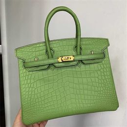 Brknns Handbag Genuine Leather 7A Handswen Bk25 domestic water dyed Matt crocodile half hand sewing craft Avocado Green BagE4KU