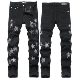 Men's Jeans European Letter AMIRIiocn Men Embroidery Patchwork Trend Brand Motorcycle Pants Mens Skinny Ripped AM334 Size 29-38