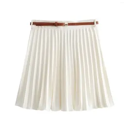 Skirts Women's Fashion Summer Belt Side Zip Vintage Chic Female High Waist Elegant Pleated A-line Mini White Skirt Mujer