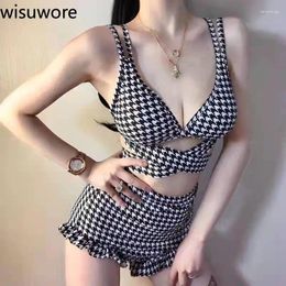 Women's Swimwear WISUWORE Plaid Ladies Korea 2024 Star Same Swim Bikini Hollow Out Cross Straps Sexy Swimsuit Women Bikinis