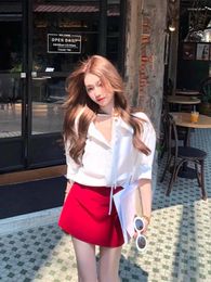 Work Dresses Office Lady 2 Piece Skirt Sets Women Casual Y2k Crop Top White Blouse Red Korean Fashion Suits Summer Outfit Elegant