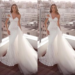 Plus Size White Lace Wedding Dresses Mermaid One Shoulder Backless Bridal Gowns With Tulle Train Beach Garden Vestido De Noiva 3535
