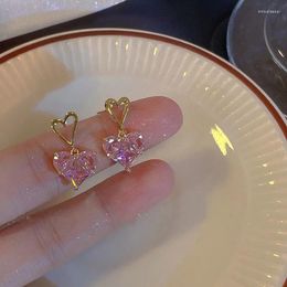 Dangle Earrings Korean Jewellery Wholesale Valentine's Day Gift For Lovers Heart Shape Glass Decor Pink Zircon Stud Earring