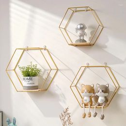 Decorative Plates Wall Mounted Hexagon Shelves Metal Framed Gold Storage Holder Rack With Wooden Floor Living Room Home Party Decor