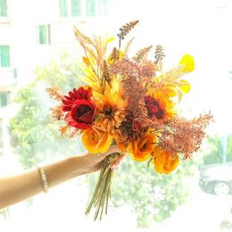 Decorative Flowers Room Decor Flower Bouquet Realistic Fall Faux Bouquets Sunflowers Roses Leaves For Non-withering Home Po Props
