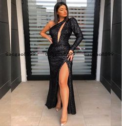 black sequin mermaid prom dresses 2020 sexy split one shoulder slim women pageant gown custom made for formal party vestidos de no9664128