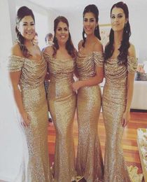 Gold Sexy OffShoulder Sequin Mermaid Long Bridesmaid Dresses Ruffles Evening Dresses Wedding Guest Bridesmaid Gowns Plus Size Dre6767683