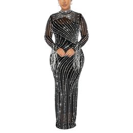 Women Casual Maxi Dresses Two Piece Sexy Long Sleeve Tassel Mesh Rhinestones Bodycon Party Clubwear Prom Gown Dress Sparkly Hot Drilling