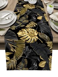 Golden Leaves Black Background Linen Table Runners Kitchen Decoration Washable Farmhouse Wedding Party Decor 240509
