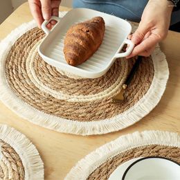 Table Mats Round Natural Wicker Cotton Woven Tassels Placemat Plate Water Straw Braided Tablemats Rattan Weave Dining Dinner Mat