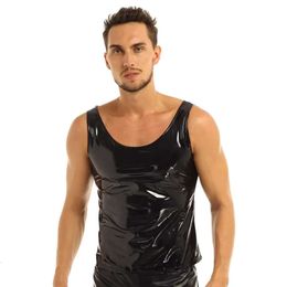 Mens Sexy Glossy Tank Tops Sleeveless Erotic Shaping Casual Top Vest Male Shiny Latex PVC Patent Leather T-shirts Sexi Catsuit Costumes