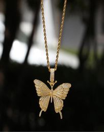 14K Gold Iced Out Butterfly Pendant Necklace Micro Pave Cubic Zirconia Colourful Diamonds Butterfly Pendant 3mm 24inch Rope Chain9297161