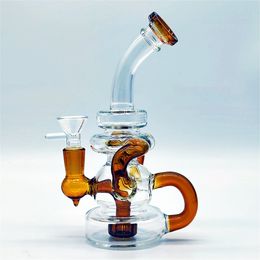 8 Inch Amber Glass Water Pipe Heady Bong Dab Rig Recycler Neo Fab Slit HubPipes Bongs Smoke Pipes 14.4mm Female Joint with Regular Bowl Portable US Warehouse