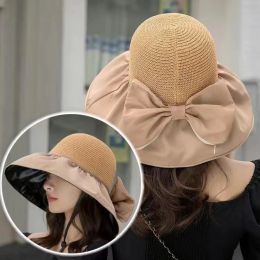 Summer Women Bucket Hat UV Protection Sun Hatts Solid Color Foldble Wide Brim Outdoor Beach Panama Cap Bows Lady Hat Hat