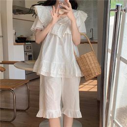 Home Clothing Limiguyue High Quality Lace Women Princess Sleepwear Shorts Cute Summer White Stripe Jacquard Pajama Sets Cotton Nightdress