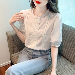 Women's Blouses White Embroidery Hollow Out Short Sleeve Shirts Women 2024 Summer Fashion Lace O-neck Korean Style Woman Casual Tops