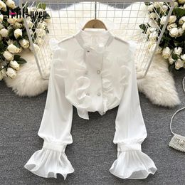 Women's Blouses Korean White Long Flare Sleeves Ruffles Neck Shirts Summer Spring Women Chic Double Breasted Slim Y2k Blouse Retro Tops